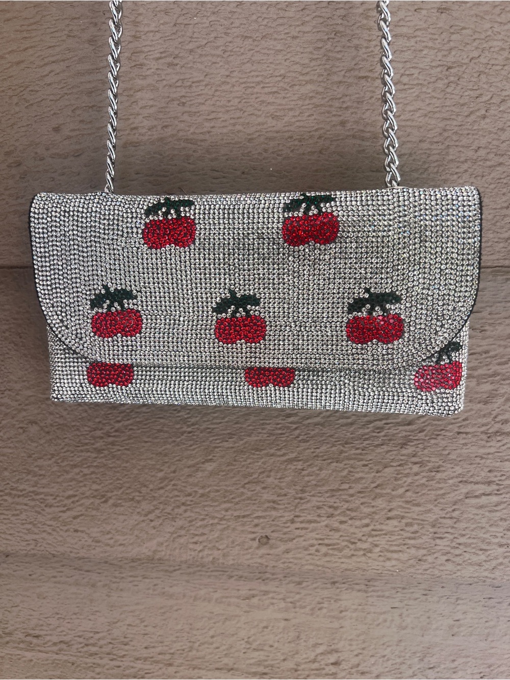 Crystal Cherry Embellished Silver Shoulder Bag